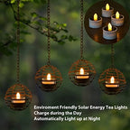 Solar Hanging Lanterns Outdoor Waterproof, Rust Iron Ball Candle Holder with Flickering Solar Powered Tea Lights, Perfect Chargeable Solar Lights for Backyard Patio Garden Fence Tree Decoration-4Pack - Image 4