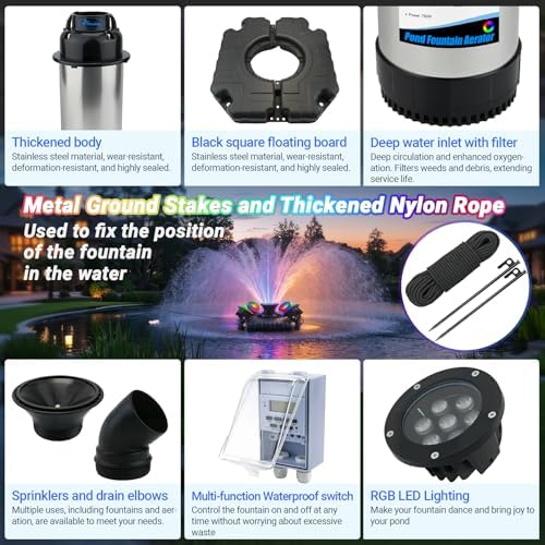 Pond Fountain Aerator with Lights, Large Fountain for Pond Lake Fish Farm - Image 5