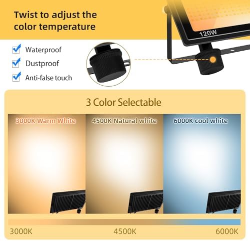 3 Pack 120W Flood Lights Outdoor, 3CCT 3000/4500/6000K Selectable Floodlight Outside Light, 14400LM Super Bright IP66 Waterproof Security Lamps for Backyard Garage Garden - Image 3