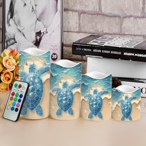 Sea Turtle Candle with Remote Control Electric LED Pillar Candle Timer Color Changing Long Lasting 4 Pcs Battery Candles - Image 4