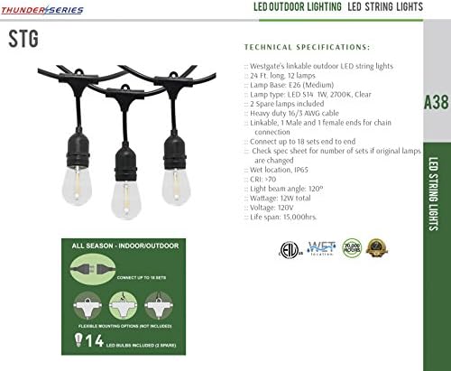 Westgate Lighting 24Ft Indoor/Outdoor Linkable LED String Lights, Commercial Grade with 12 Sockets & LED Bulbs – Bistro, Pergola, Deck, Patio, Market, Cafe, Gazebo, Party Decor - Image 5