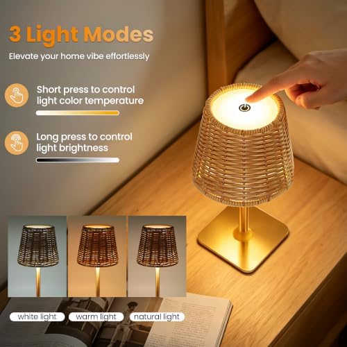 Waterproof Outdoor Rechargeable Cordless Set of 2 Table Lamp with Wicker Shade, Battery Operated Portable Table Light with Adjustable Height Pole, for Patio Restaurant Kitchen (Gold 2 Pack) - Image 4