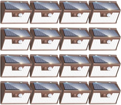Peasur Brown Solar Lights Outdoor Motion Sensor 16 Pack, Ultra-Bright 3 Mode 140LED Fence Security Light Waterproof, Solar Wall Lighting for Patio Yard Step House Outside Cool White by Peasur