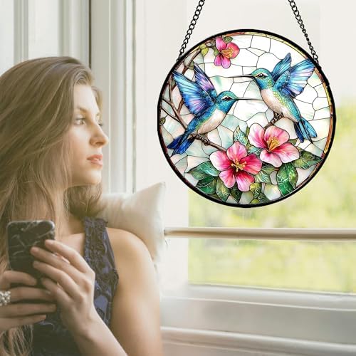 Stained Glass Window Hanging - Blue White Hummingbirds Pink Flowers Suncatcher for Door Terrace Garden Home Decor Bird Sun Catcher Birthday Gifts for Lovers Women Men Dad Mom Nana 11.8 in - Image 2