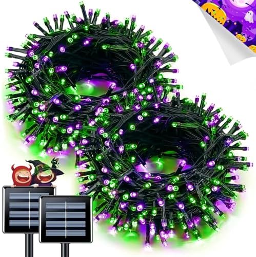 JMEXSUSS 2 Pack Solar Halloween Lights, Total 200LED 66FT, Purple and Green by JMEXSUSS