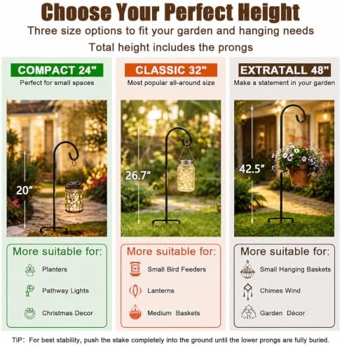 Gtongoko 32 Inch Shepherd Hooks for Outdoor 8 Pack, Adjustable Garden Hooks for Hanging Plants, Lanterns, Solar Lights, Mason Jars & Wedding Decor, Matte Black Decorative Shepherd’s Hooks - Image 6
