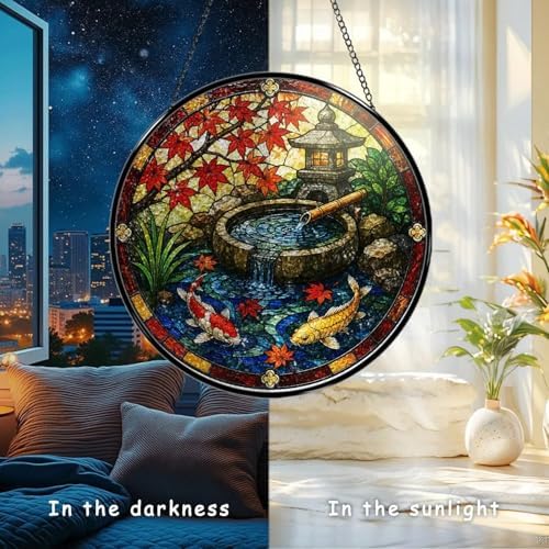 Stained Glass Window Hanging Japanese Koi Pond Maple Leaves Garden Lantern Sun Catchers Tranquil Zen Water Fountain Japanese Style Suncatchers for Home Porch Garden Indoor & Outdoor Decor (9.8x9.8 IN) - Image 5