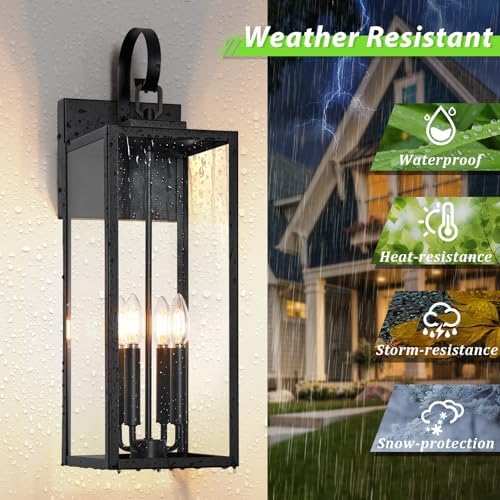 BesLowe 25" Extra Large Outdoor Wall Light, 4-Light Black Exterior Sconce - Image 2