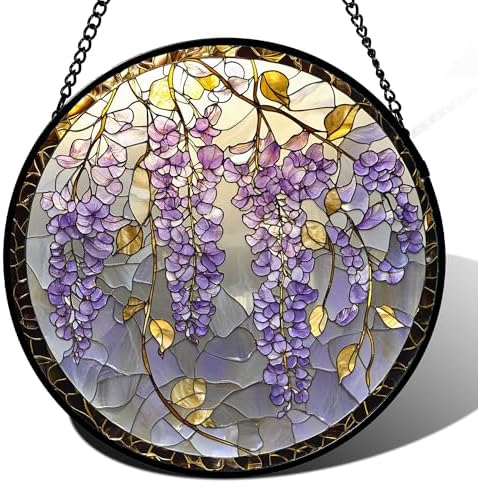 Wisteria Stained Glass Window Hanging Suncatcher Purple Gift for Women 7.8" by amderven