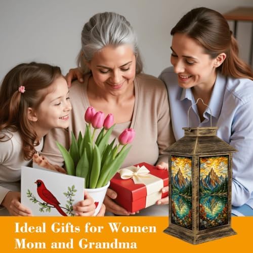 Solar Lantern Stained Glass Landscape Outdoor Waterproof Garden Hanging Lantern Solar Powered Lighting Outside Solar Light for Patio Yard Camping, Gifts for Women Mom - Image 7