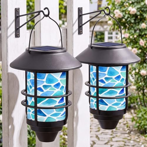 Solar Lanterns Outdoor Hanging Lights Mosaic Blue Stained Glass Glass Wall Lantern 2 Pack, Waterproof Decorative Solar Sconce with Wall Mount Kit for Garden Porch Fence Chicken Coop Summer Decor by Unknown