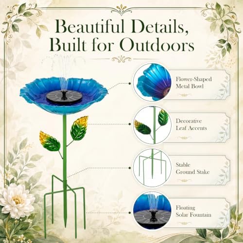 SiliFine 2 Pack Solar Bird Bath Fountain for Outdoors, Flower Metal Hummingbird Bath with Solar Fountain, Garden Bird Baths with 5 Stake Stand for Yard Lawn Patio Decor, 31.3" H x 10.63" Dia - Image 5