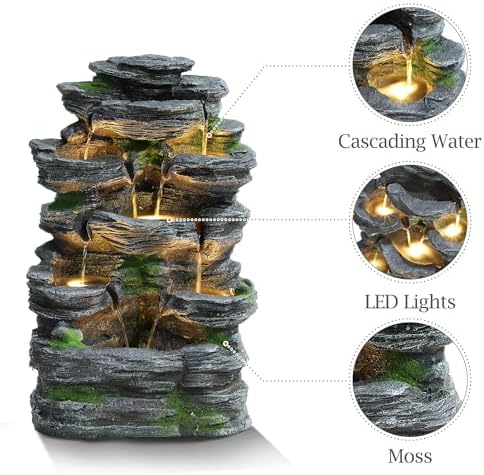 Rock Outdoor Water Fountain, 7 Tiered Waterfall Fountains with LED Lights, Floor Waterfalls Outside, Modern Cascading Flow Rock Fountain for Garden, Yard, Patio, Home Decor - Image 6