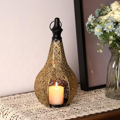 11.6in Moroccan Style Temple Lantern Ramadan Lamp Hanging Metal Candle Holders Decorative Festival Outdoor Patio or Porch Indoor Home Decor Gift Gold by Mrmsmh