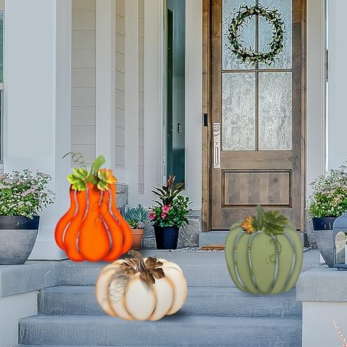 Fall Harvest Metal Pumpkin Garden Stakes, Set of 3, Orange White Green, Autumn Yard Decor - Image 7