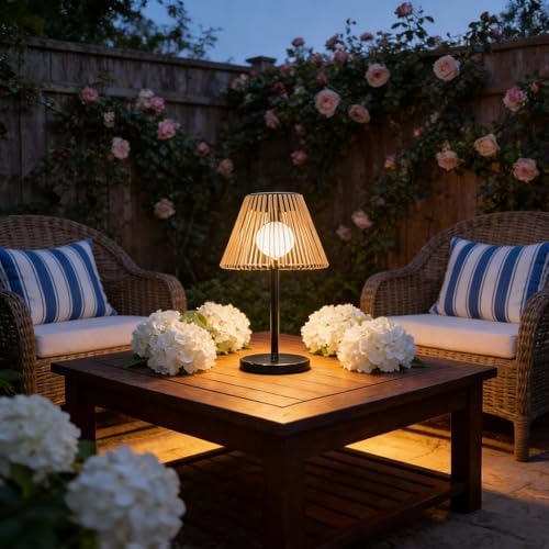 Solar Wireless Outdoor Table Lamp with Handwoven Rope Shades by LEOKED