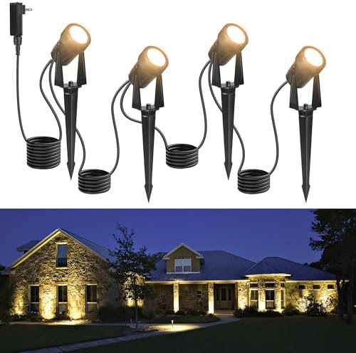 Outdoor Landscape Lighting Waterproof with 45.9FT Cable & built-in LED Light, Low Voltage 12W 1200LM Plug in Electric LED Spot Light 3000K Uplight with Transformer for Garden Yard Tree Path, Pack of 4 by NEWKAZ