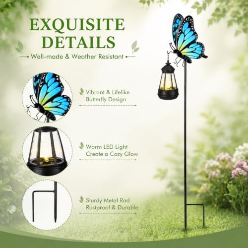Butterfly 2 Pcs Solar Garden Outdoor Lights Decor Waterproof 33in - Image 3