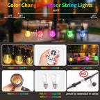 50FTOutdoor String Lights,24+2 LED RGBW Color Change,3000K Bright White | Heavy-duty commercial grade IP65 Waterproof, Dimmer & Remote, 12 Colors & 4 Modes, Outdoor Lights for Patio Backyard Decor - Image 3