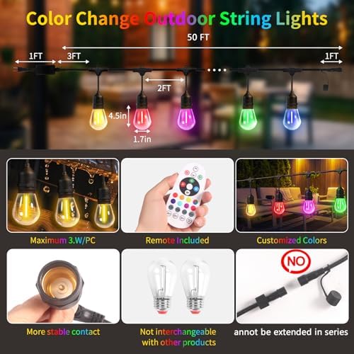 50FTOutdoor String Lights,24+2 LED RGBW Color Change,3000K Bright White | Heavy-duty commercial grade IP65 Waterproof, Dimmer & Remote, 12 Colors & 4 Modes, Outdoor Lights for Patio Backyard Decor - Image 3