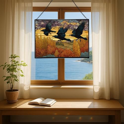 Crows Flying Over Autumn Orchard Rectangular Stained Glass Suncatcher – Hanging Window Panel with Animal & Nature Scene – Vibrant Glass Art Gift for Wildlife, Fantasy, Nature Lovers 7dAAVL - Image 6