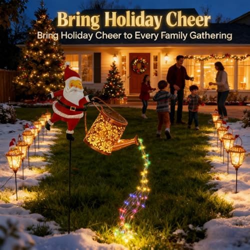 Christmas Santa Solar Kettle Light, 2PCS Waterproof Santa Solar Garden Lights Outdoor, Cute Santas Solars Watering Can Cascading Light LED, Novelty Santas Solars Christmas Decorations Night Lights - Image 4