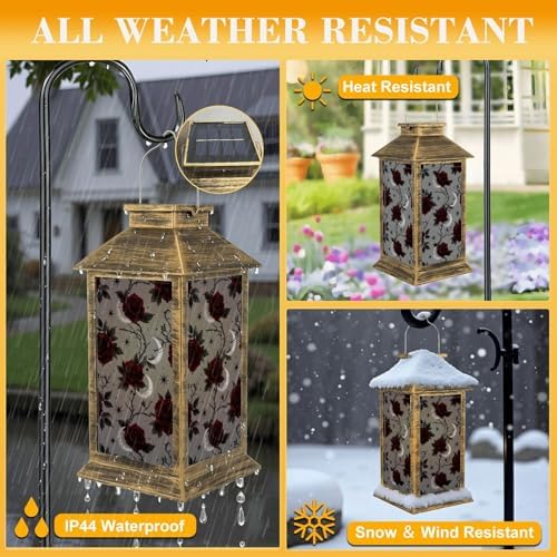 Solar Lantern Outdoor Garden Hanging Lantern Gothic Red Roses Crescent Moons Grey Waterproof Solar Powered Lighting Outside Table Lamp for Patio Deck Yard Camping - Image 3