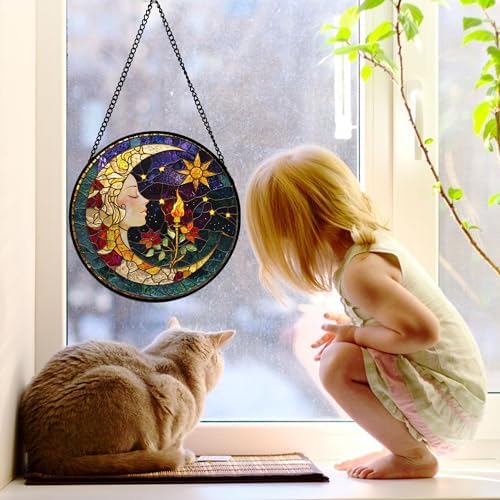 Moon Goddess and Rose Stained Glass Window Hanging Suncatcher Gifts 9.8" - Image 2