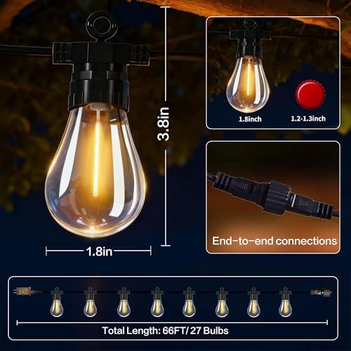 66FT Outdoor String Lights with Remote, 27 Dimmable Shatterproof LED Edison Bulbs, Waterproof Patio & Backyard Lights for Pergola, Deck, Garden, Bistro, Commercial Grade Hanging Lights - Image 6