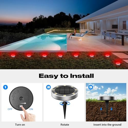 Peasur Mini Solar Ground Lights Outdoor, 8 Pack Flat Solar Powered Disc Lights, IP68 Waterproof, Anti-Rust, Landscape Lighting for Pathway Garden Yard Lawn Walkway Landscape Driveway, Red - Image 4