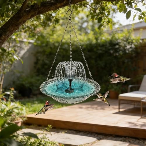 Solar Bird Bath Fountain, Hanging Outdoor Bird Bath with Solar Powered Pump, Weather-Resistant Glass Bowl Fountain, Multi-Spray Modes for Garden, Patio, Backyard, Attracts Birds (Pink) - Image 4