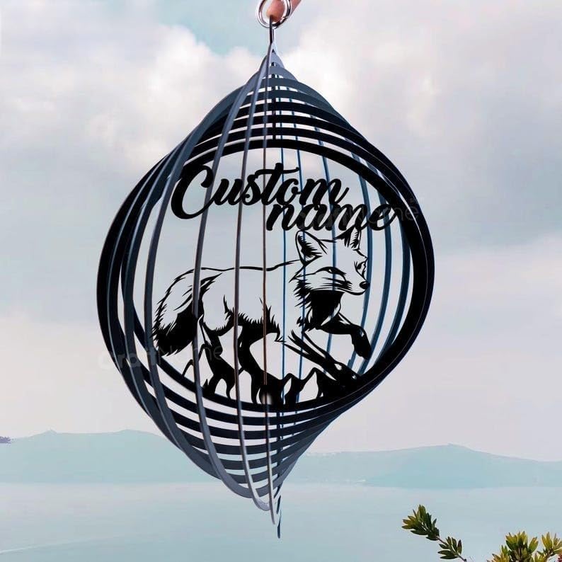Personalized Fox Metal Wind Spinner, Custom Wildlife Hanging Yard Art, Woodland Outdoor Decor (Fox Garden Wind Spinner) by Linktee