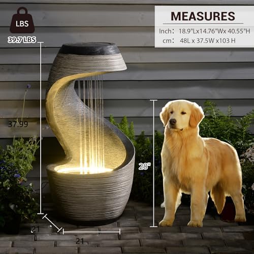 37" S-Shaped Outdoor Water Fountain with LED Lights, Modern Resin Cascading Waterfall Feature for Garden, Patio, Backyard or Porch, Large Decorative Zen Water Feature – 21" L x 21" W x 37.9" H - Image 5