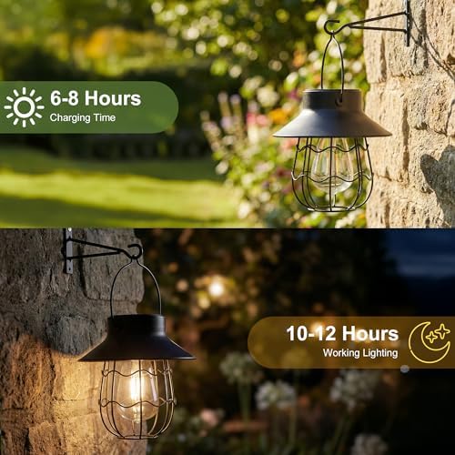 Livinlarge Hanging Solar Lanterns Waterproof,2 Pack Outdoor Metal Solar Lights with Wall Hooks Windproof Hook,Retro Solar Lantern Auto On/Off for Yard Garden Pathway Patio Porch Decor (Black) - Image 6