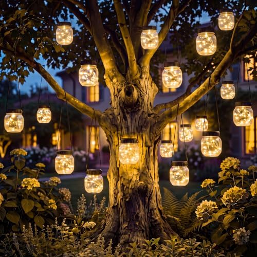 Kolpop Solar Lanterns Outdoor Waterproof 18 Pack, Hanging Solar Lights with 28 LED, Cracked Glass Hanging Globes for Garden Patio Fence Yard Christmas Tree Decoration,Warm White by kolpop