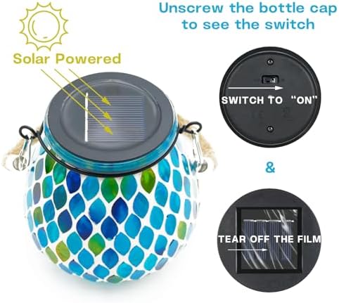 2 Pack Mosaic Blue Solar Lanterns, Outdoor Glass Hanging Lights, Waterproof, Solar Table Lamps, Christmas Gifts for Women Mom Grandma, Night Lights, Decoration for Garden, Patio, Yard, Outdoor Decor - Image 6