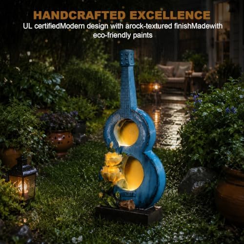 38.2" H Outdoor Water Fountain with LED Lights, Guitar Design Cascading Water Feature for Garden Patio Backyard Porch Yard Decor - Image 6