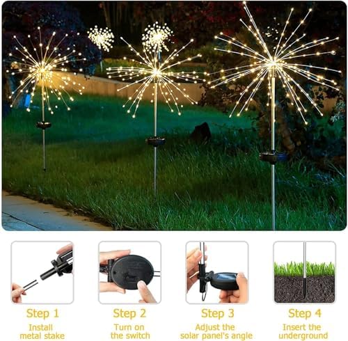Warm White Solar Lights for Garden Decoration 150 LED Fairy Lights Starburst Outdoor Firework Decorative Lamp Pathway Lighting Waterproof Colored 4 Pack - Image 6
