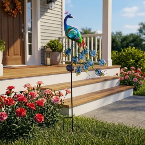 TERESA'S COLLECTIONS Yard Decorations Outdoor for Garden Decor, Peacock Solar Outdoor Lights, 32'' Metal Lawn Ornaments for Outside with Crackle Glass Ball, Decorative Stake Gifts for Mom - Image 3