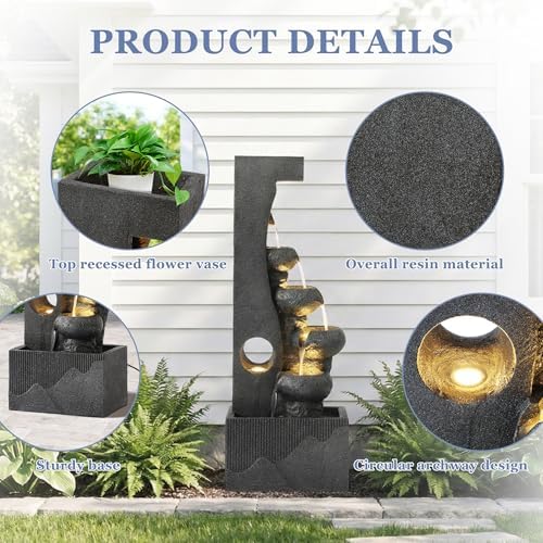Grepatio Outdoor 6-Tiers Water Fountain, Cascading Water Fountain with 5 LED Lights, 39"H Large Waterfall Fountains, Outside Modern Water Feature for Garden, Yard, Deck Decor Like Natural Stone, Grey - Image 2
