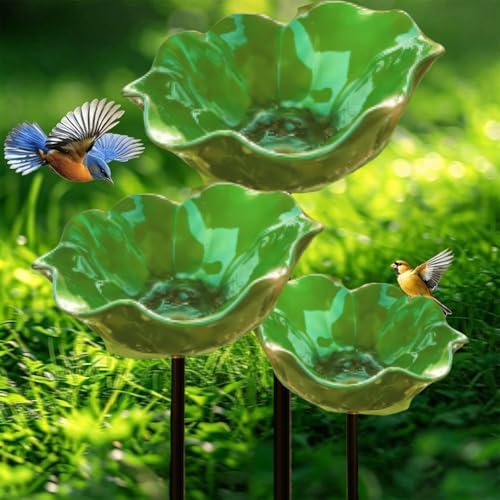 Metal Flower Garden Stakes with Bee Bath & Bird Water Bowl,Watering Station,Hummingbird Bath Cup for Outdoor Yard Decor (3PC-Green) by Unknown