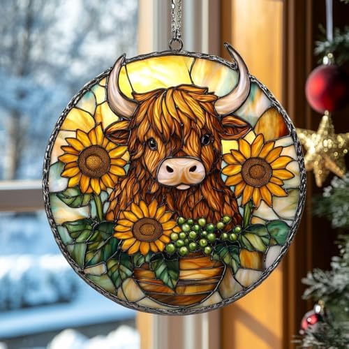 Mosaic Sunflower and Highland Cow Acrylic Suncatcher by AVAGAN
