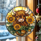 Mosaic Sunflower and Highland Cow Acrylic Suncatcher by AVAGAN