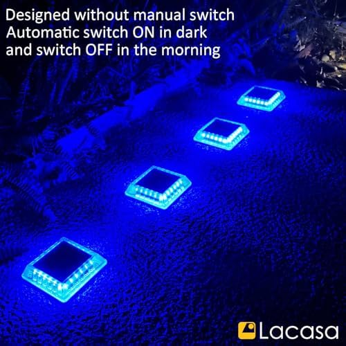 Lacasa Solar Deck Lights, 4 Pack 30LM LED Dock Lights Blue Light, Outdoor Solar Powered Step Lights Light up All Night IP68 Waterproof Auto ON/Off for Garden Stairs Driveway Pathway Lighting - Image 7