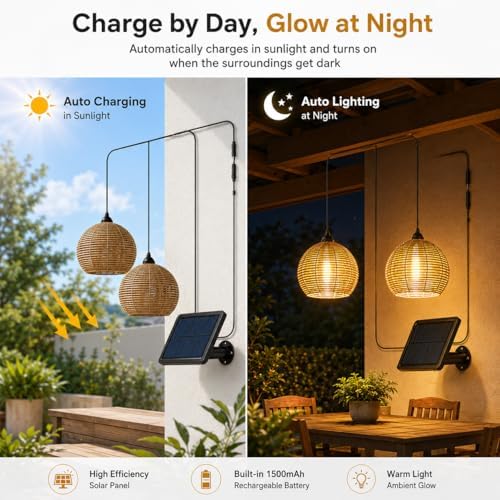 Rattan Solar Lanterns Outdoor, Solar Powered Hanging Lamp with Remote Control, 16.4FT Cord, Warm Outdoor Pendant Light for Patio, Porch, Gazebo, Pergola, Garden (2 Pcs Grey) - Image 3