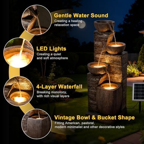 Solar Water Fountain Outdoor Garden 4 Tiers Stone Texture Modern Fountains - Image 3