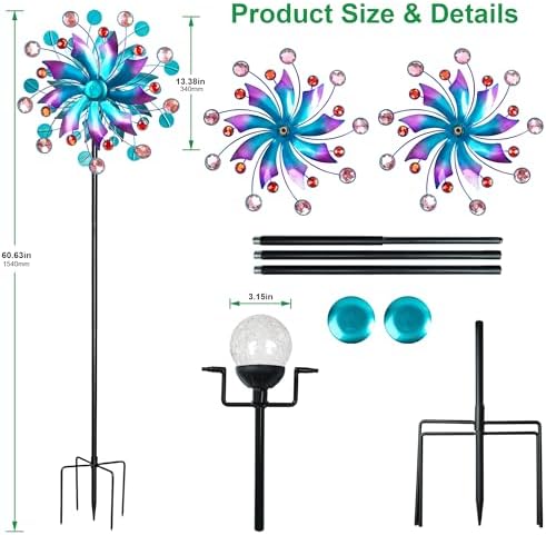 Solar Wind Spinner for Yard and Garden – 61 Inch Outdoor Metal Kinetic Sculpture with Multi-Color LED Glass Ball Light – Waterproof Windmill Stake for Patio, Lawn, and Pathway Decoration (Blue) - Image 3