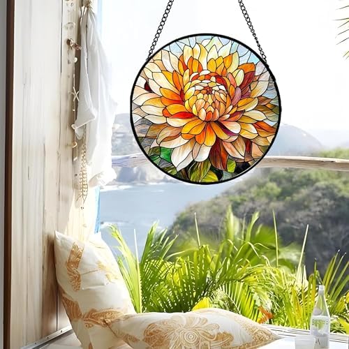 Orange White Flower Stained Glass Window Hanging Suncatcher Gifts 12" - Image 3