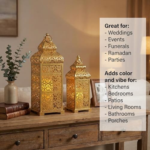 VELA LANTERNS 8pc Golden Temple Moroccan Lantern Lamp Decorative Candle Holders for Ramadan Decorations, Hanging, Outdoor Patio or Porch, Indoor Home Decor, Gold, (11" and 15" Tall) - Image 4