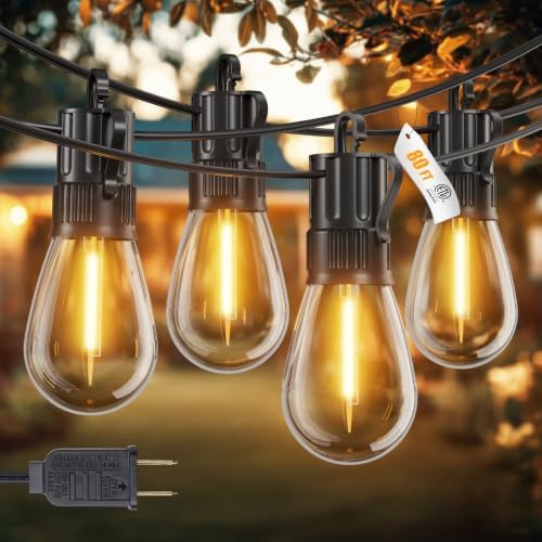 Minetom 80FT Outdoor String LED Patio Lights Waterproof,Shatterproof S14 Vintage Edison Bulbs,Commercial Grade Outside Hanging Lights Waterproof for Porch Deck Garden Backyard Balcony Cafe Bistro by Minetom